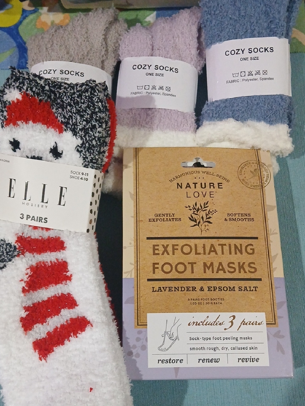 Elle Cozy Women's 3-Pack Fuzzy Socks — White with Red Accents, Pink, Blue, Taupe